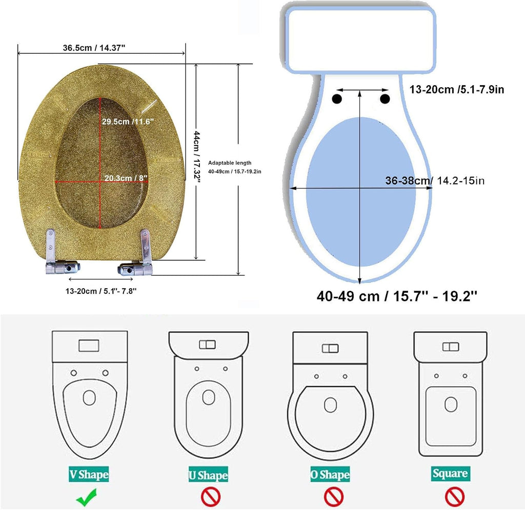 Resin Toilet Seat Elongated Soft Close Toilet Seat Easy Clean & 360° Adjustable Hinges, Quick Release Heavy Duty Toilet Seats with Glitter Cover,Silver(Gold Leaf)