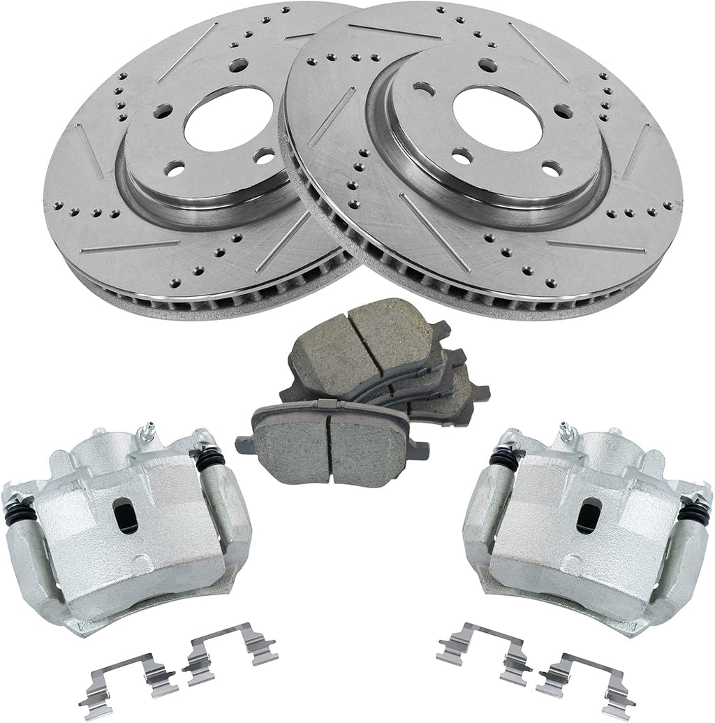 TRQ Performance Front Brake Pad and Rotor Set Ceramic Drilled Slotted Coated Vented Rotors Calipers Compatible with 2007-2012 Chevrolet Malibu 2007-2010 Pontiac G6 2007-2009 Saturn Aura