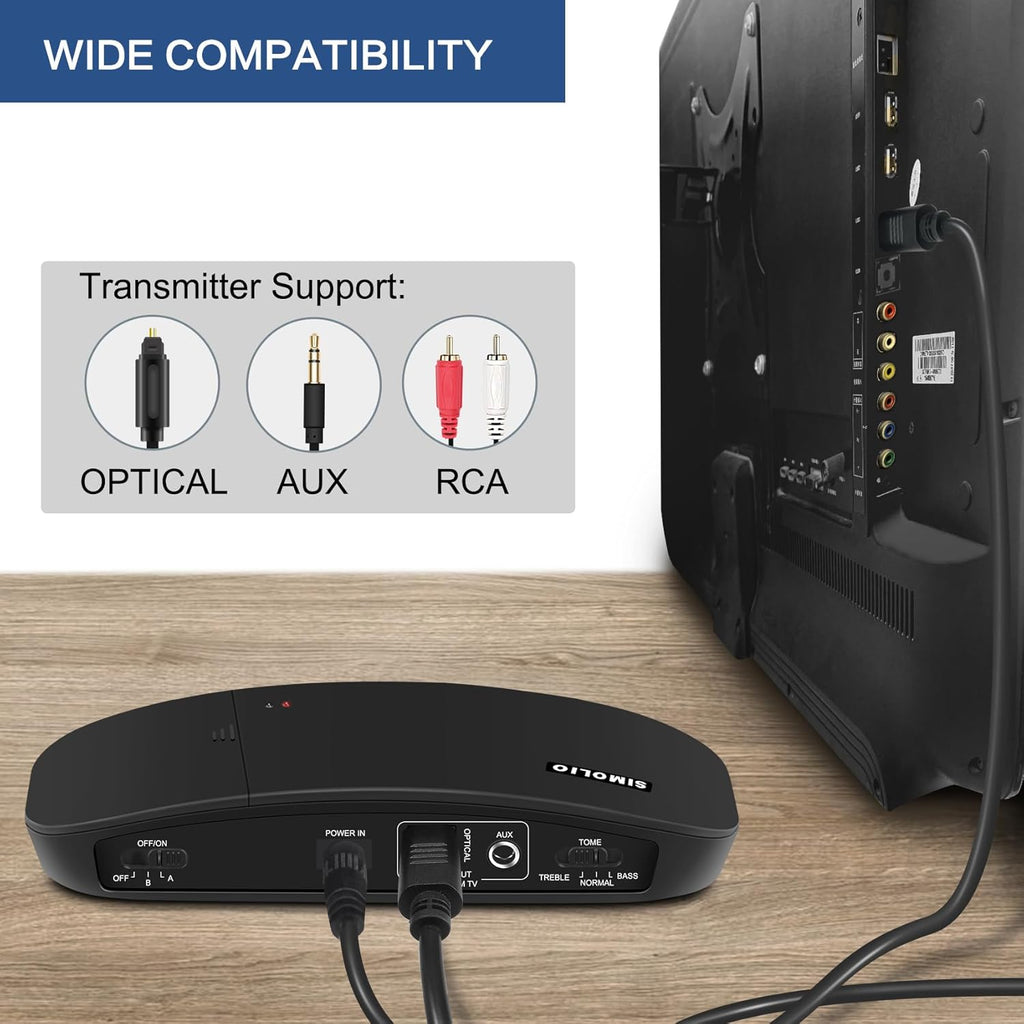 SIMOLIO Wireless Headphones for TV Watching, IR TV Headphones for Home Theater/Outdoor Movie/Car DVD with Transmitter, Tone Control & Dual Channel Options, Digital Optical/RCA/AUX Connection