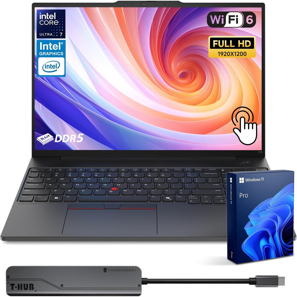 Lenovo ThinkPad E16 Business AI Laptop, 16' FHD+ Touchscreen, Intel Core Ultra 7 155U, 32GB DDR5, 1TB SSD, Fingerprint, Backlit, HDMI, 1080p Webcam, Wi-Fi 6, Windows 11 Pro, Bundle 7-in-1 USB-C Hub