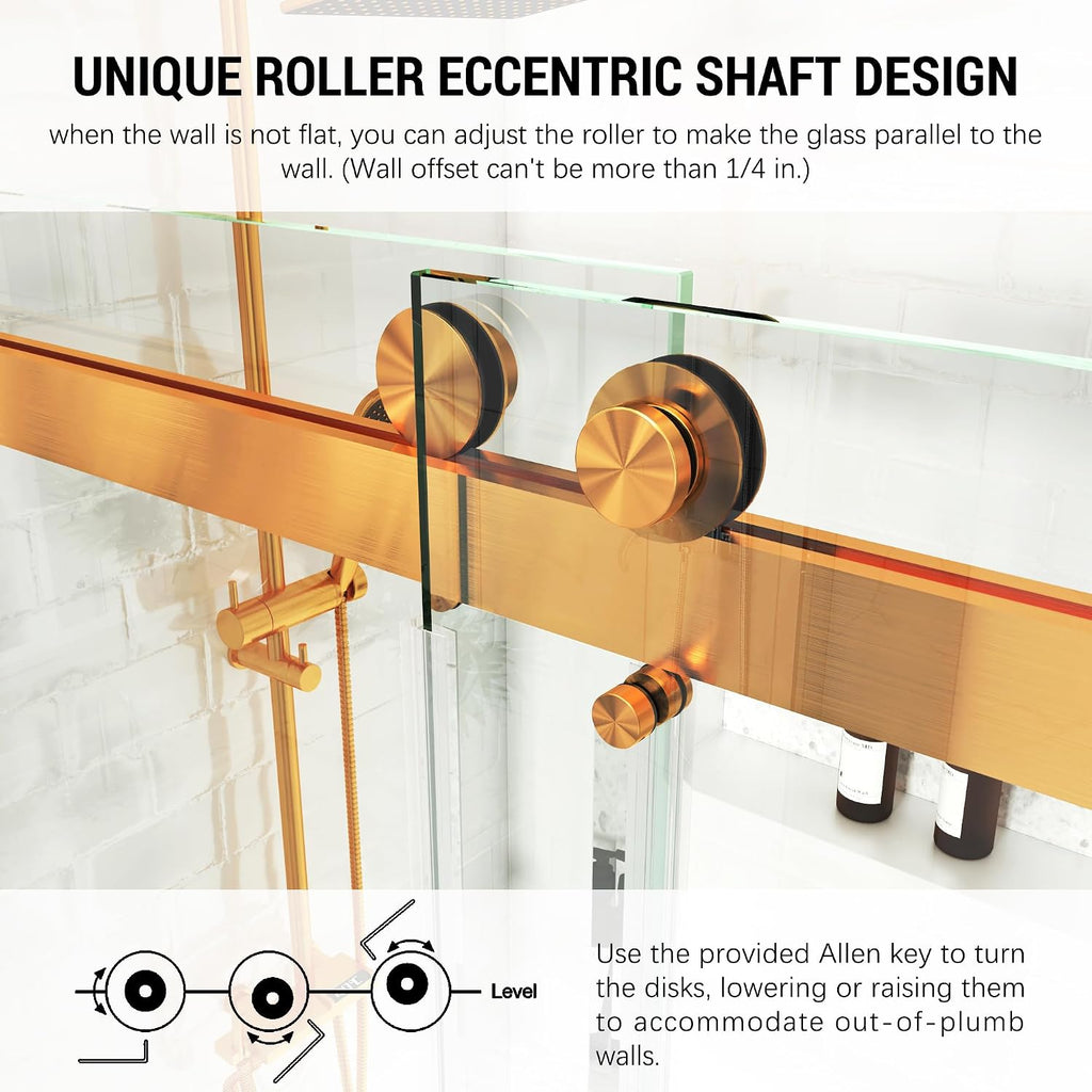Bathtub Shower Door, 56-61 'W x 66 'H, SGCC Certified 3/8' (10 mm) Clear Tempered Glass, 1 Towel Bar Handle, 1 Finger Pull, Frameless Double Sliding Shower Door,Stainless Steel Brushed Gold Finish