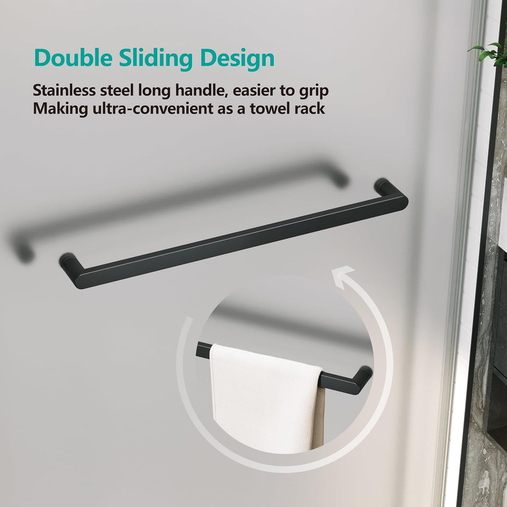 3/8'(10mm) Frosted Glass Shower Doors 56-60' W x 79' H Soft Closing System Double Sliding Frameless Towel Bar Handle Stainless Steel Hardware (Matte Black)