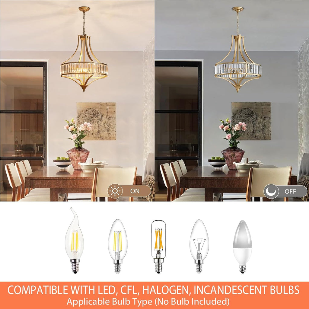 Crystal Chandeliers for Dining Room 21.6' Rustic Farmhouse Chandelier with Round Metal Shade 6-Light Large Gold Dining Room Light Fixture for Kitchen, Hallway, Bedroom, Foyer