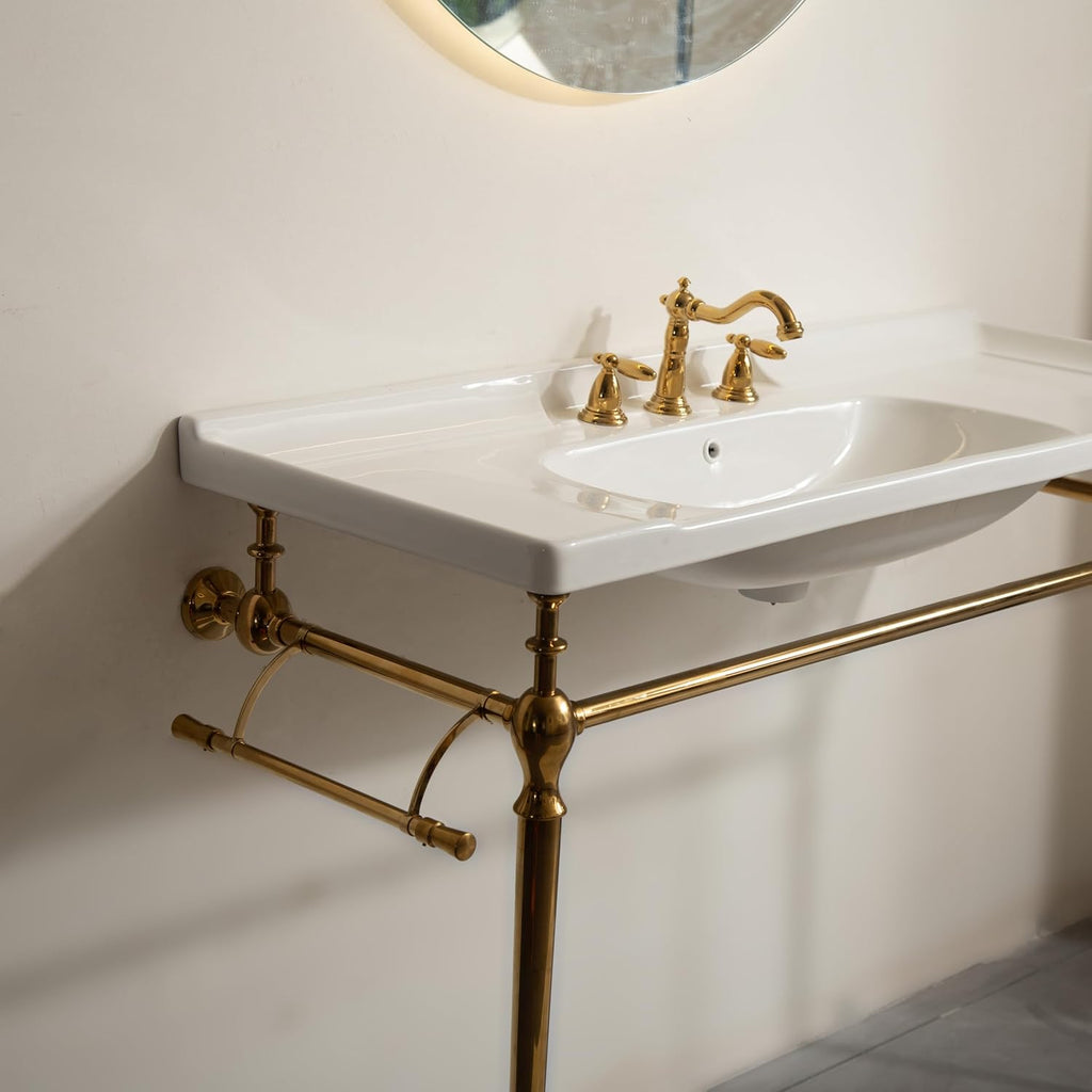 48' Console Bathroom Sink, Freestanding Console Sink With Stainless Brushed Gold Legs, Modern Bathroom Vanity with 3 Tap Holes, White Ceramic Basin