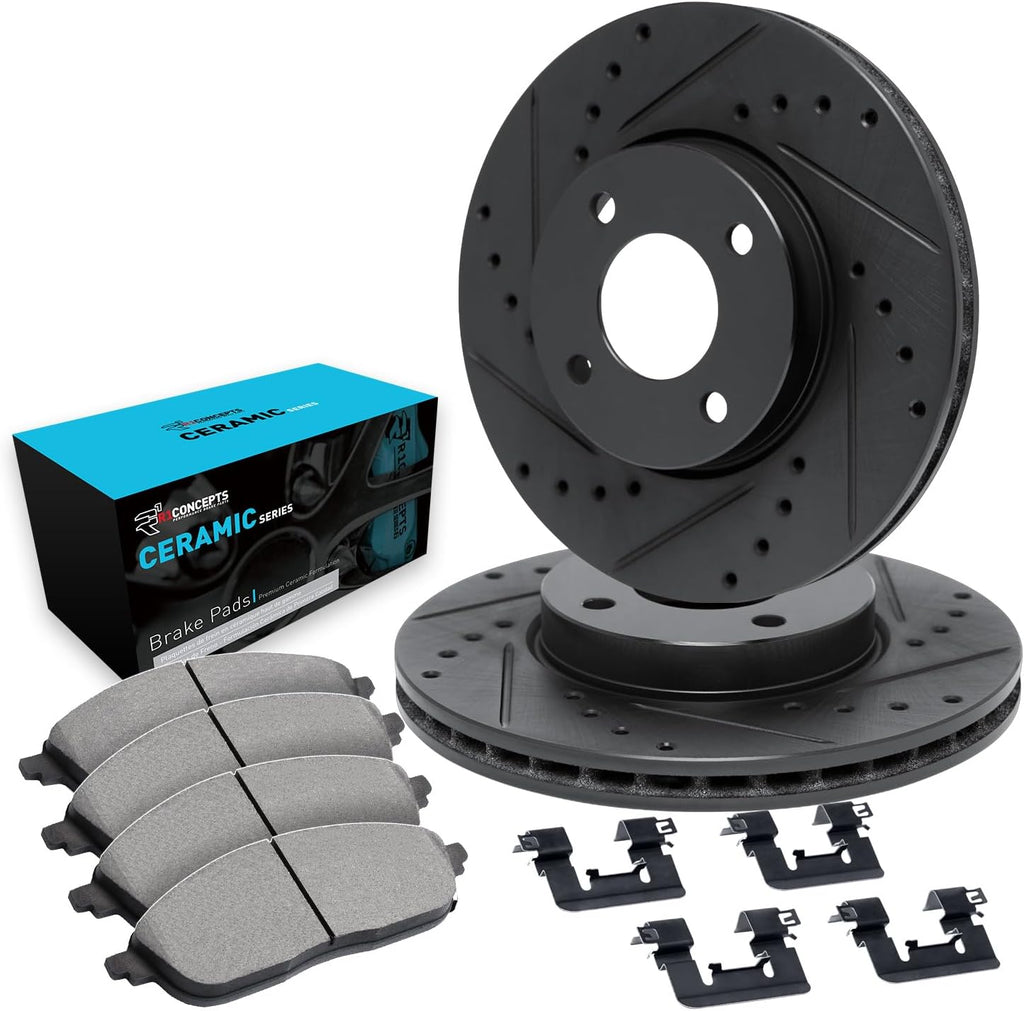 R1 Concepts Front Brake Kit Fits 2011-2019 Ford Fiesta| Ceramic Pads, Drilled Slotted Rotors| Hardware| 10.2' Front