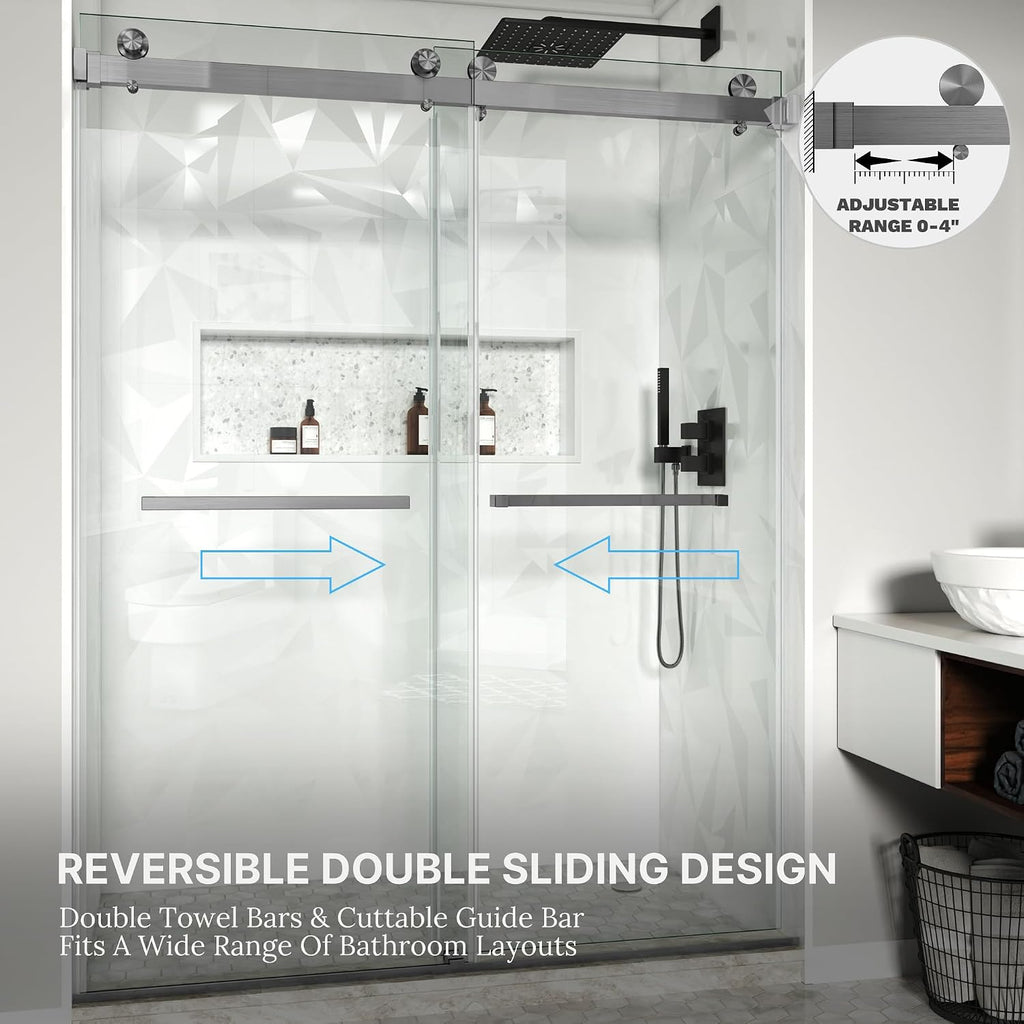 Frameless Double Sliding Shower Door, 50-55' W x 76' H, 3/8' (10mm) SGCC Certified Clear Tempered Glass, Width Adjustable, Square Guide Bar, Double Towel Bars, Stainless Steel Hardware, Gunmetal