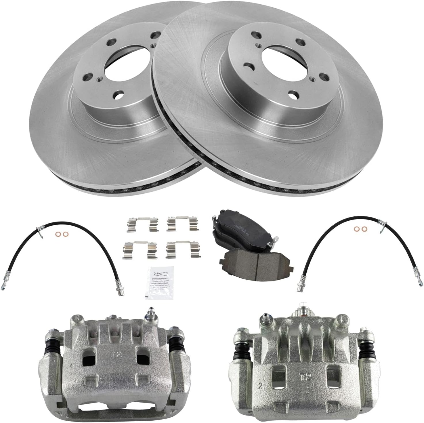 TRQ Front Brake Pad and Rotor Set Ceramic Rotors Calipers Hoses Compatible with 2006 Subaru Baja 2005-2009 Outback