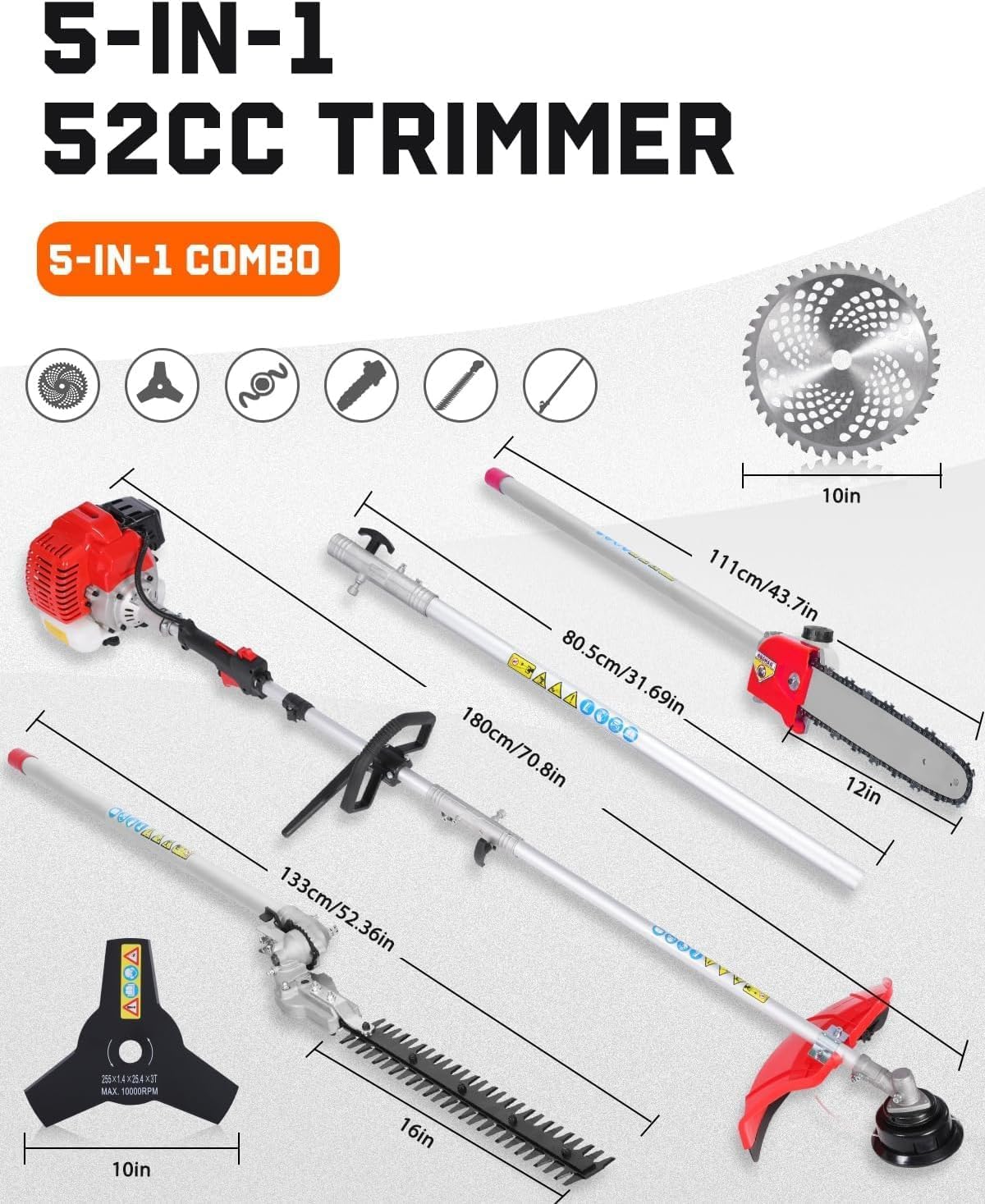 52cc Grass Trimmers 2-Cycle Gas Trimmer 5-in-1 Multifunctional Trimming Tool, Hedge Trimmer, Gas Powered Weed Eater, String Trimmers, Brush Cutter, Edger, Pole Saw Chainsaw Pruner with Extension Pole