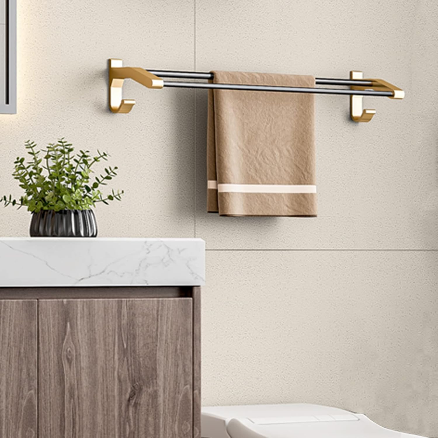 Towel Rack No Drilling Towel Holder with Hook Towel Shelf Adhesive Double Bar Wall Mounted Space Aluminum for Bathroom Kitchen,Gold,60cm Bathroom (Gold 60cm)