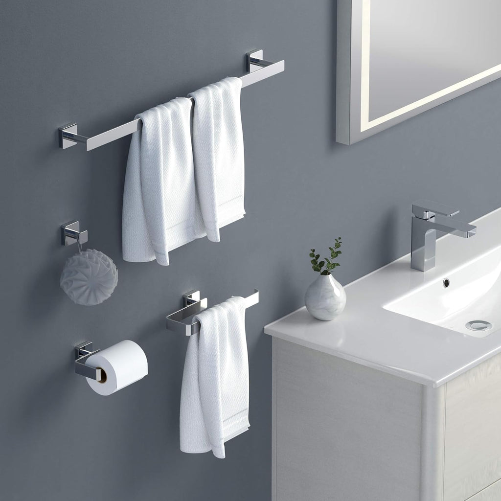 KIBI Blaze 4-Piece Bathroom Hardware Set in Chrome – Includes 25' Towel Bar, Towel Ring, Toilet Paper Holder & Robe Hook – Sleek Design, Rust-Resistant, Premium Quality Construction (Chrome, KBA16-4)