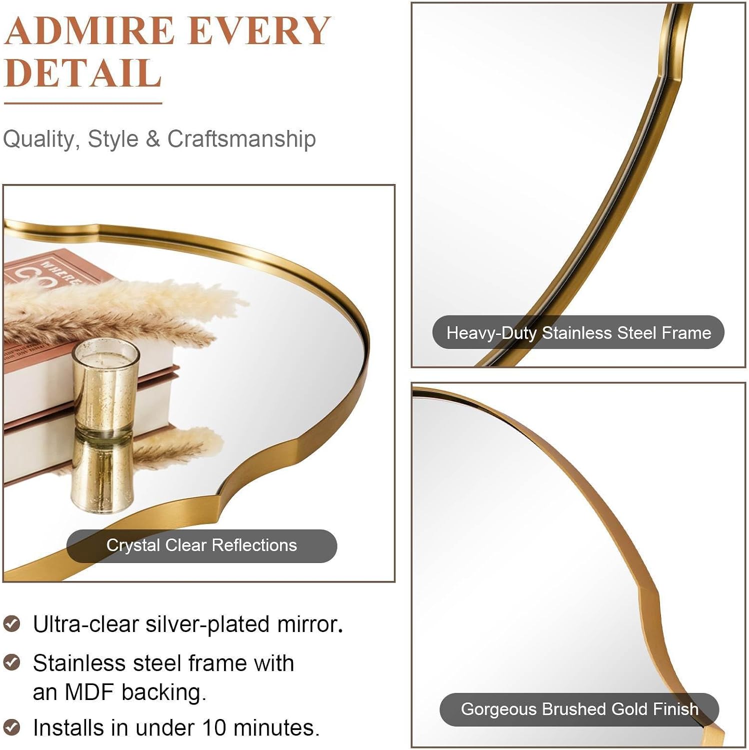 ANDY STAR Large Gold Scalloped Oval Mirror 30x40, Brushed Gold Oval Bathroom Mirror for Wall, Stainless Steel Framed Mirror for Master Vanity, Entryway, Hallway, Rust-Resistant