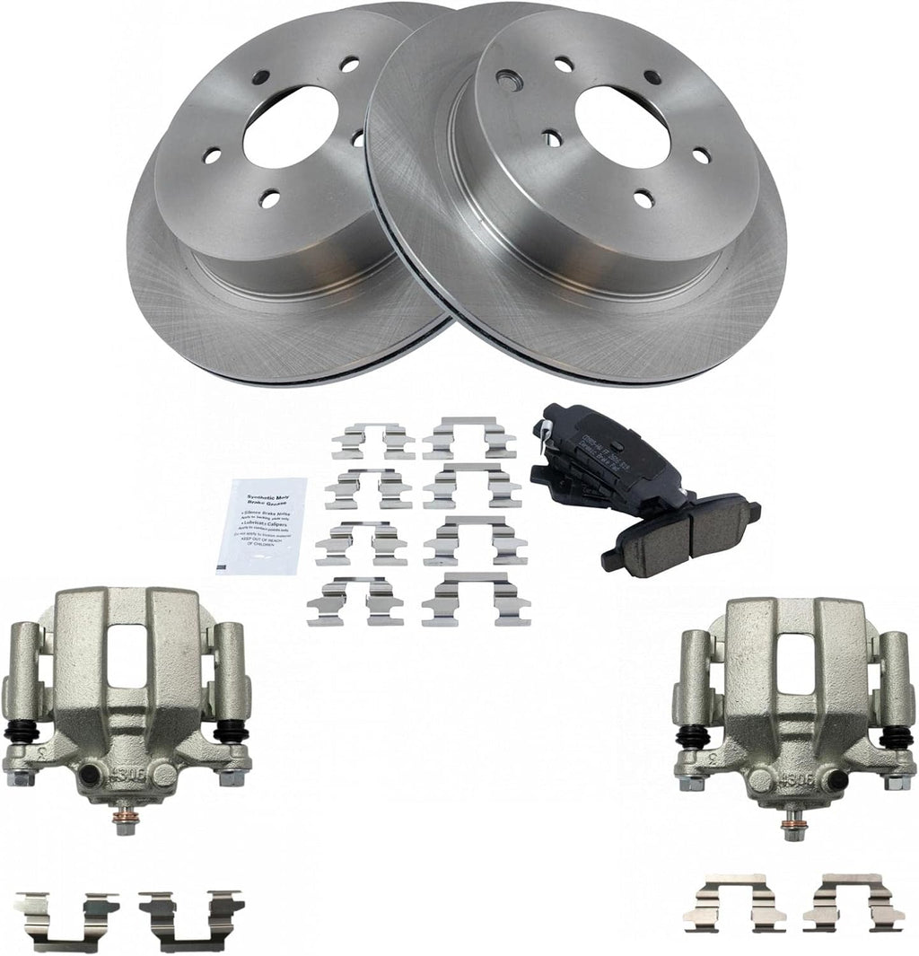 TRQ Rear Brake Pad and Rotor Set Ceramic Vented Rotors Calipers Compatible with 2003-2007 Nissan Murano 2004-2009 Quest