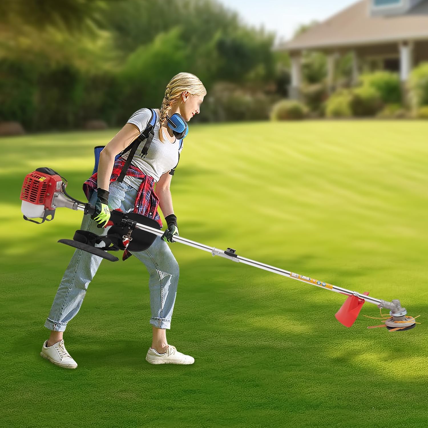 Gas Powered Weed Wacker, 650W 26CC 2-Stroke Gasoline Weed Eater 8500RPM High Speed String Trimmer, Single-Cylinder Air-Cooled Weed Wacker with 2 Blade Heads, Portable Grass Trimmer for Home Lawn