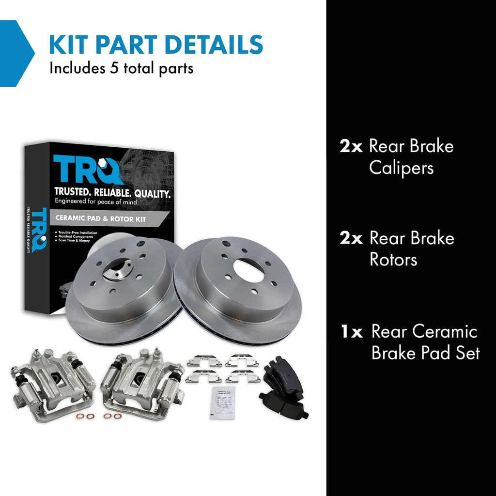 TRQ Rear Brake Pad and Rotor Set Ceramic Vented Rotors Calipers Compatible with 2006-2007 Nissan Xterra