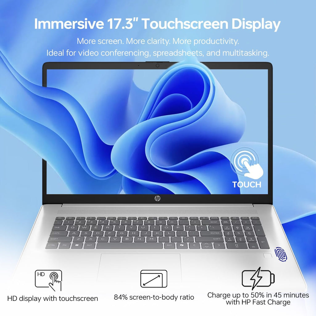 HP 17.3' Touchscreen Business Copliot AI Laptop, Intel Core Ultra 5 225U, 16GB DDR5 RAM, 1TB SSD, Wi-Fi 6, Win11 Home, Backlit Keyboard &Numeric Keypad, Webcam, Fingerprint Reader, Battery Fast charge