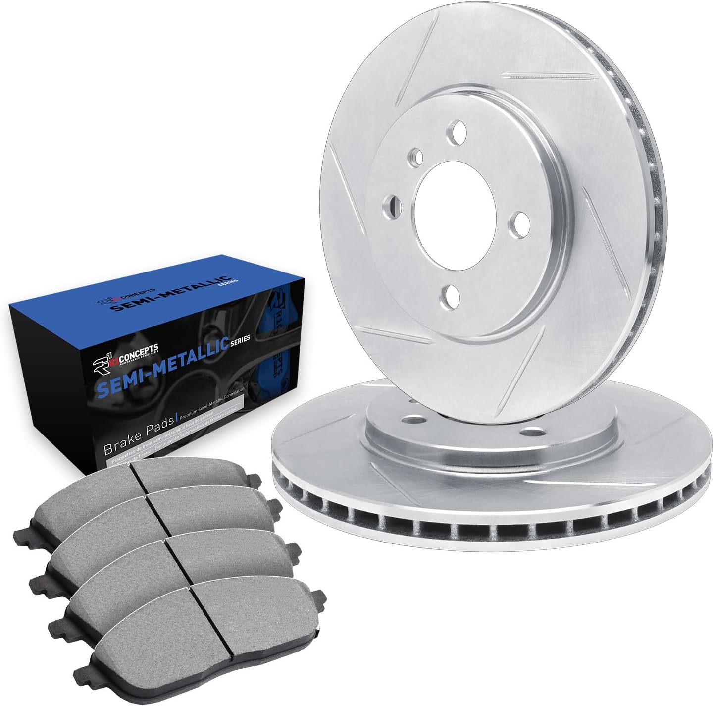 R1 Concepts Front Brake Kit Fits 2001-2012 Ford Courier; 1998-2004 Ford Fiesta| Semi Met Brake Pads and Slotted Brake Rotors| 9.4' Front Rotor