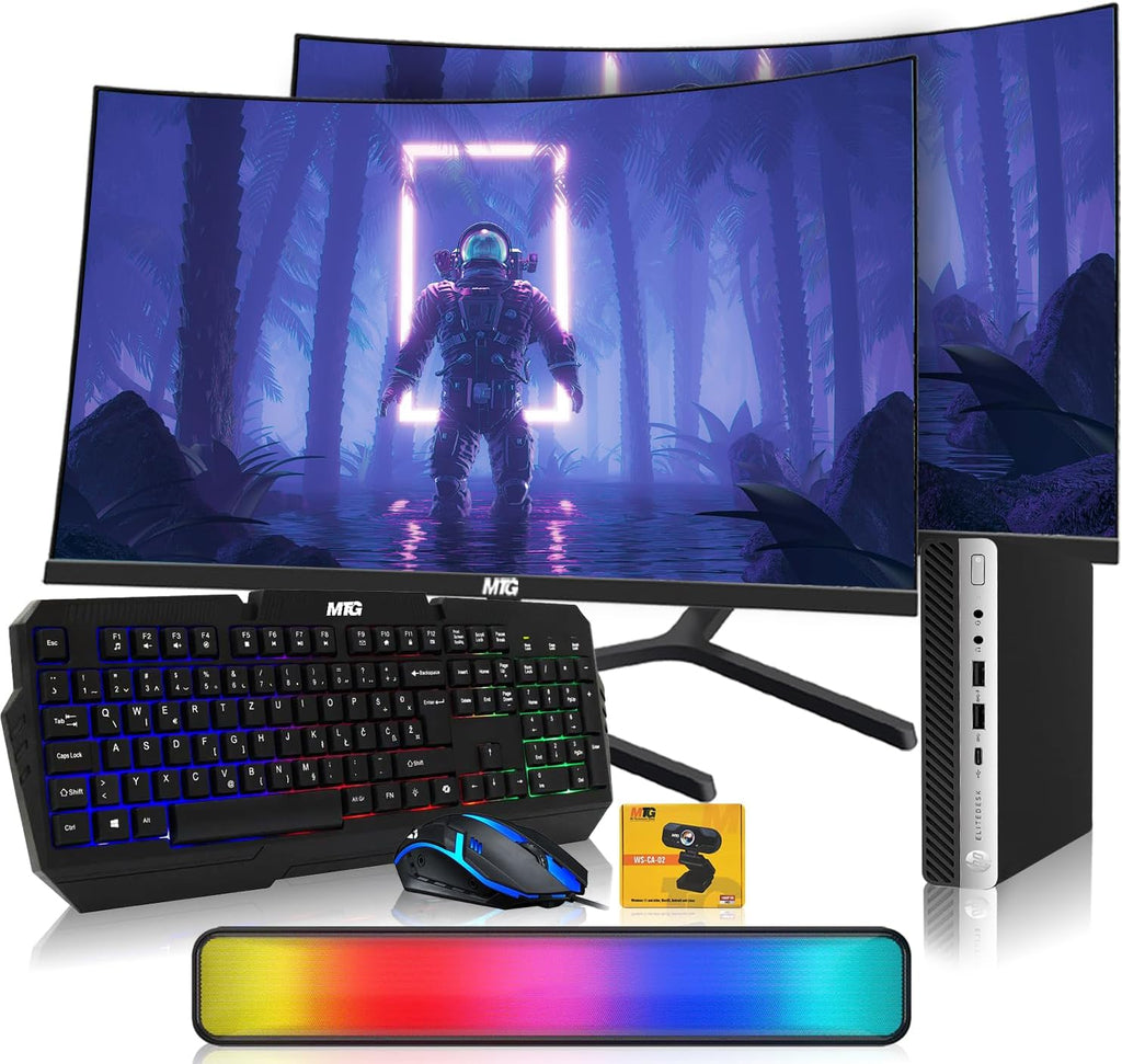 HP G3 Tiny Mini Desktop PC, Intel Core i5, 32GB RAM, 1TB SSD with Dual 32 inch Curved Monitor, AI Enabled RGB Keyboard Mouse, RGB Soundbar and Webcam Windows 11 (Renewed)