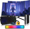 HP G3 Tiny Mini Desktop PC, Intel Core i5, 32GB RAM, 1TB SSD with Dual 32 inch Curved Monitor, AI Enabled RGB Keyboard Mouse, RGB Soundbar and Webcam Windows 11 (Renewed)