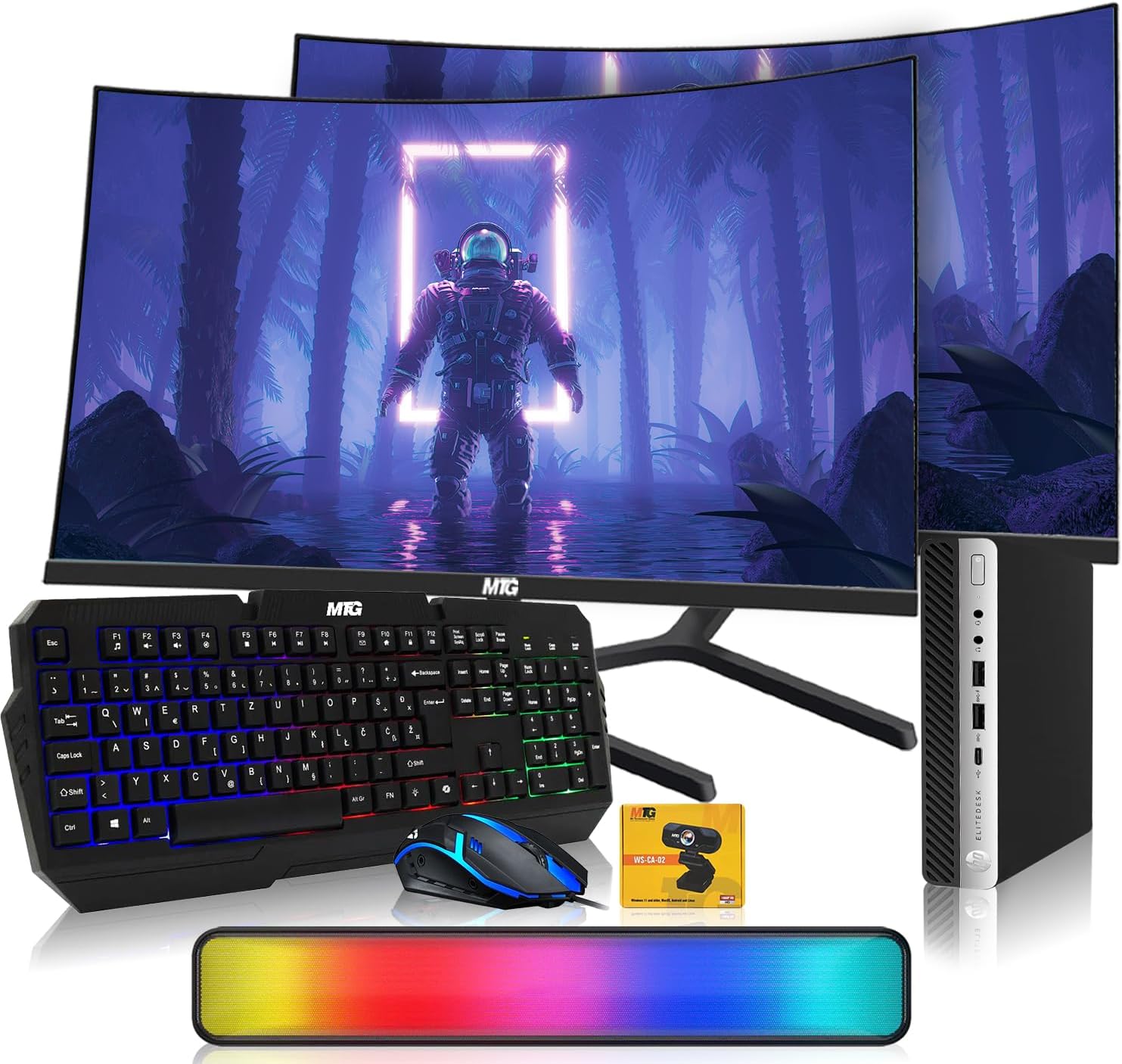HP G3 Tiny Mini Desktop PC, Intel Core i5, 32GB RAM, 1TB SSD with Dual 32 inch Curved Monitor, AI Enabled RGB Keyboard Mouse, RGB Soundbar and Webcam Windows 11 (Renewed)