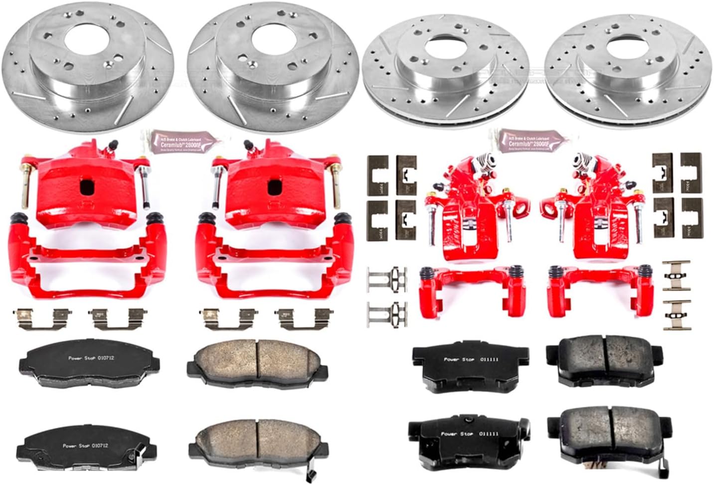 PowerStop Front and Rear Brake & Caliper Kit for Honda Civic 2006-11 - Carbon-Fiber Ceramic Brake Pads + Drilled & Slotted Rotors + Red Powder Coated Calipers, KC2385