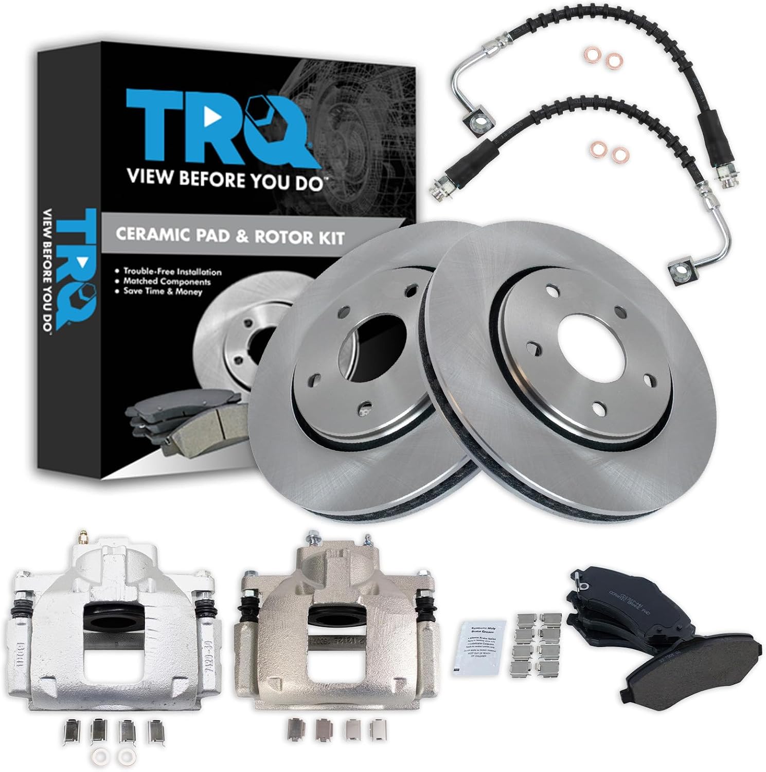 TRQ Front Brake Pad and Rotor Set Ceramic Rotors Calipers Hoses Compatible with 2008-2012 Chrysler Town & Country Dodge Grand Caravan 2012 Ram Cargo Van 2009-2012 Volkswagen Routan