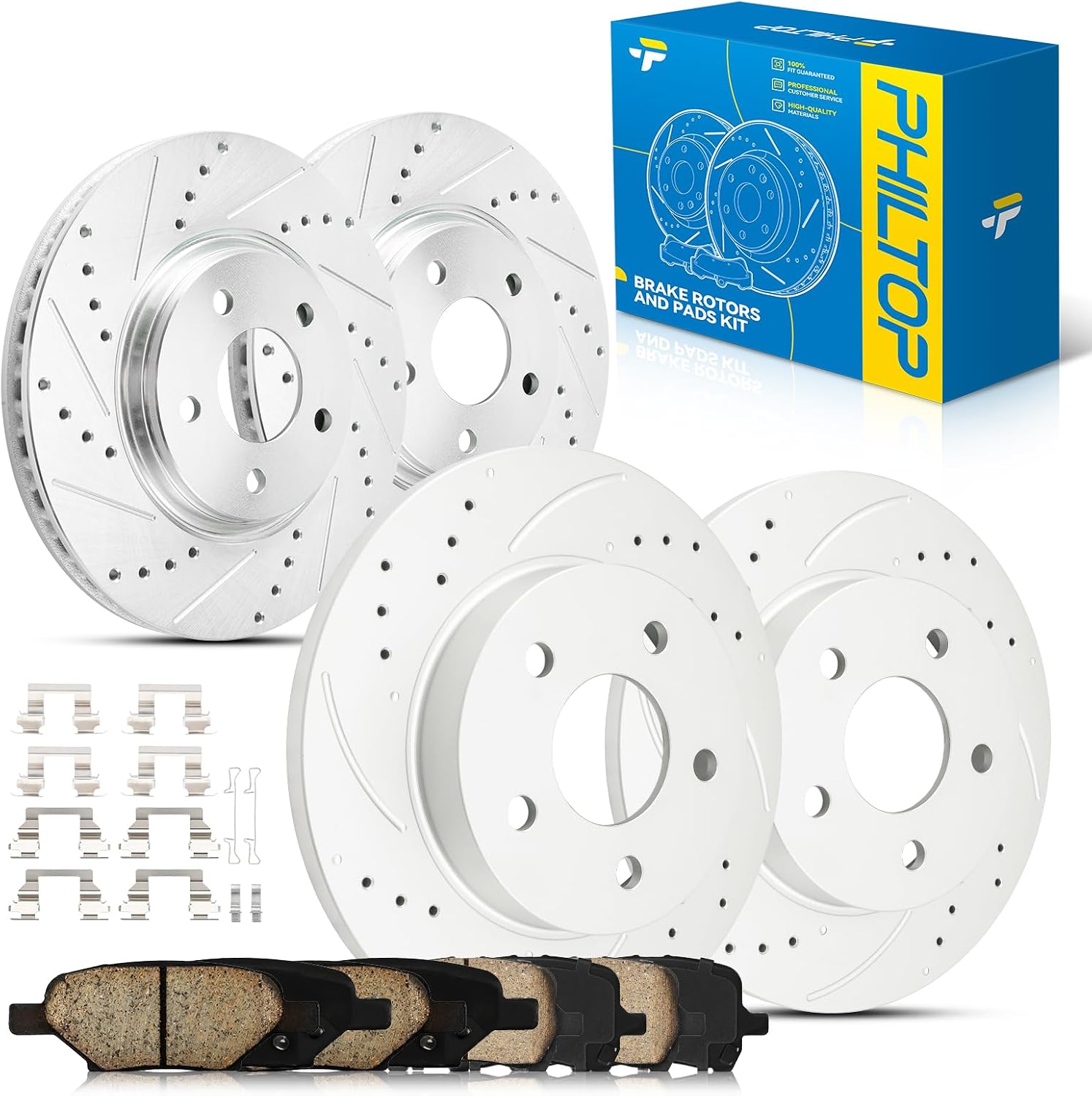 PHILTOP Front and Rear Brake Kit For Pontiac G6 2008-2010, Brake Rotors and Brake Pads Kit Replace #55093+D1160+55094+D1033, Front 11.65（296mm）, Rear 10.63（270.2mm）