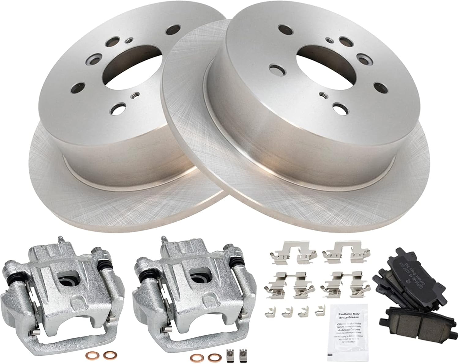 TRQ Rear Brake Pad and Rotor Set Ceramic Solid Rotors Calipers Compatible with 2004-2006 Lexus RX330 2007-2009 RX350 2006-2008 RX400h 2006-2007 Toyota Highlander