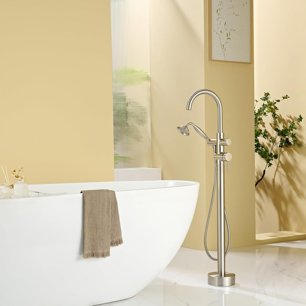 Wowkk Tub Filler Freestanding Bathtub Faucet Brushed Nickel Floor Mounted Brass Bathroom Tub Faucets with Hand Shower