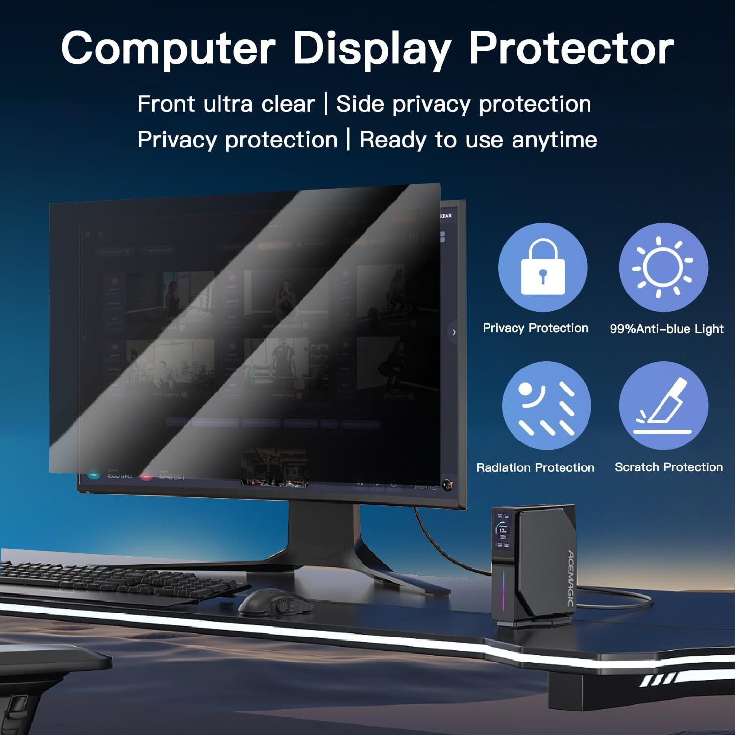 2 Pack Magnetic Hanging Computer Privacy Screen 32 Inch for 16:9 Widescreen Monitor, Removable Privacy Screen Anti Glare Blue Light Computer Screen Shield, Anti-Scratch 32 in Protector Film