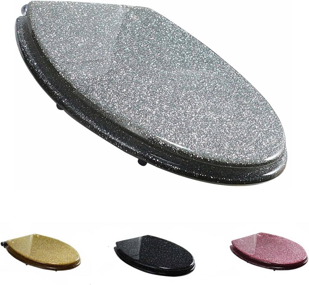 Gold Toilet Seat, Resin Toilet Seat, Elongated Toilet Seat Slow Close Glitter Toilet Seat, Soft Close Bathroom Toilet Lid, Easy to Clean & Install,Gold,Silver