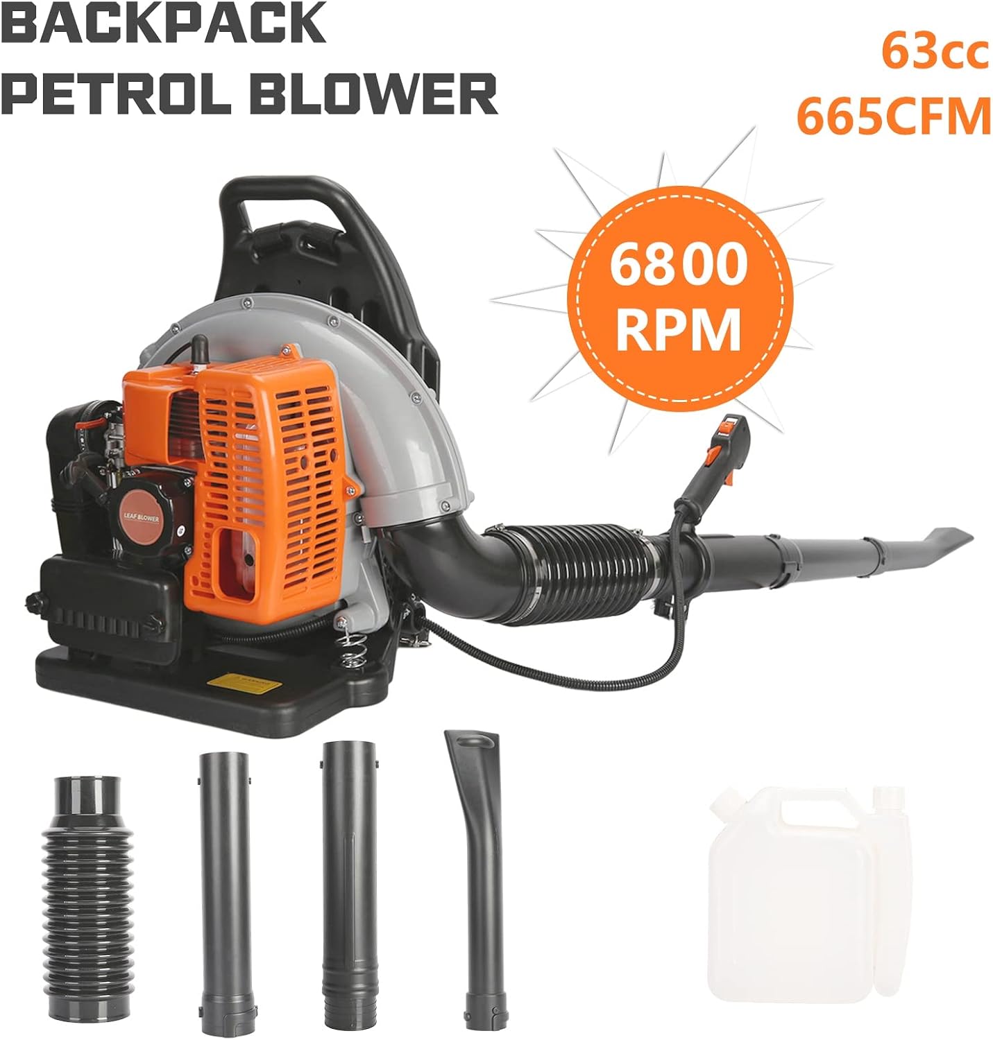 63CC 3HP 2 Stroke Backpack Gas Powered Leaf Blower, High Strength Snow Grass Lawn Blower Air Cooling Gasoline with Single-Cylinder Air-Cooled for Gutter,Garden,Yard Ora Orange