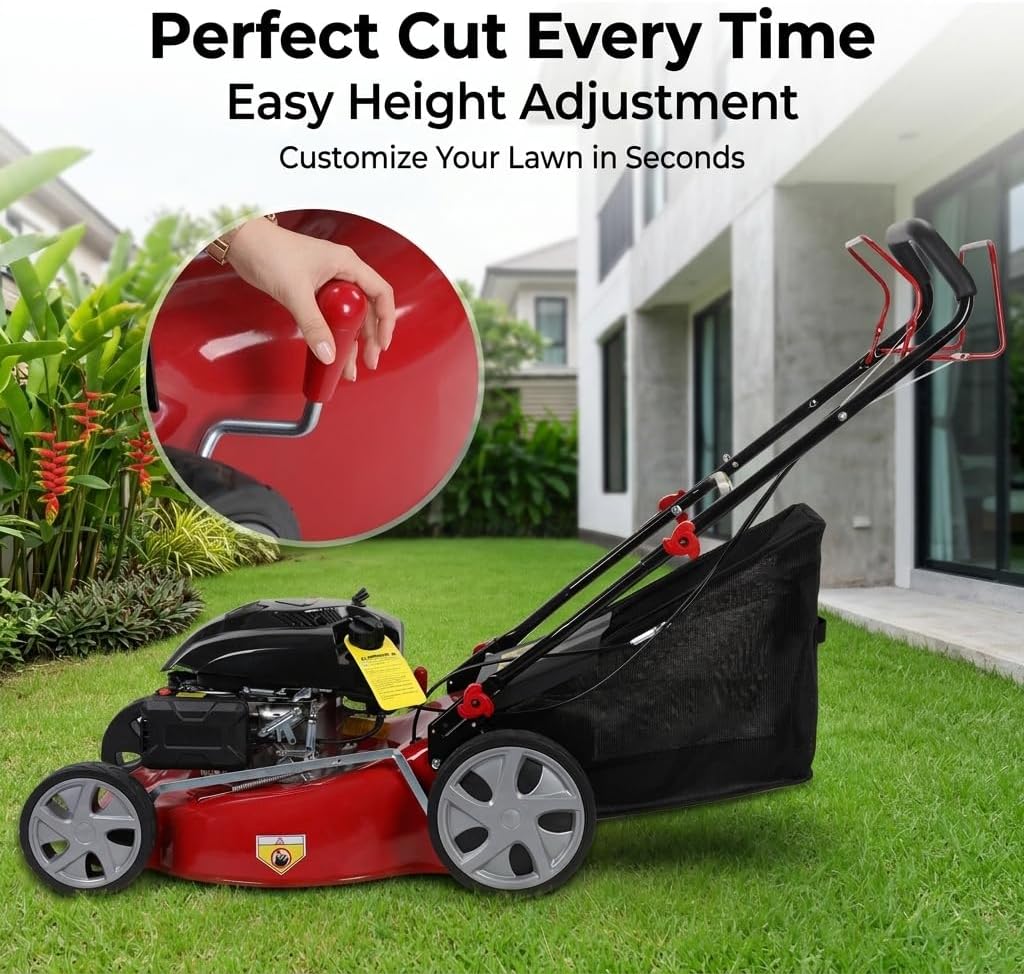 Self Propelled Gas Lawn Mower, 20-Inch Cutting Deck, 141cc 4-Stroke Engine, Walk-Behind Lawn Mower with 3-in-1 Mulching, Side Discharge and Rear Bagging, 7-Level Height Adjustment, 13.2-Gallon Bag