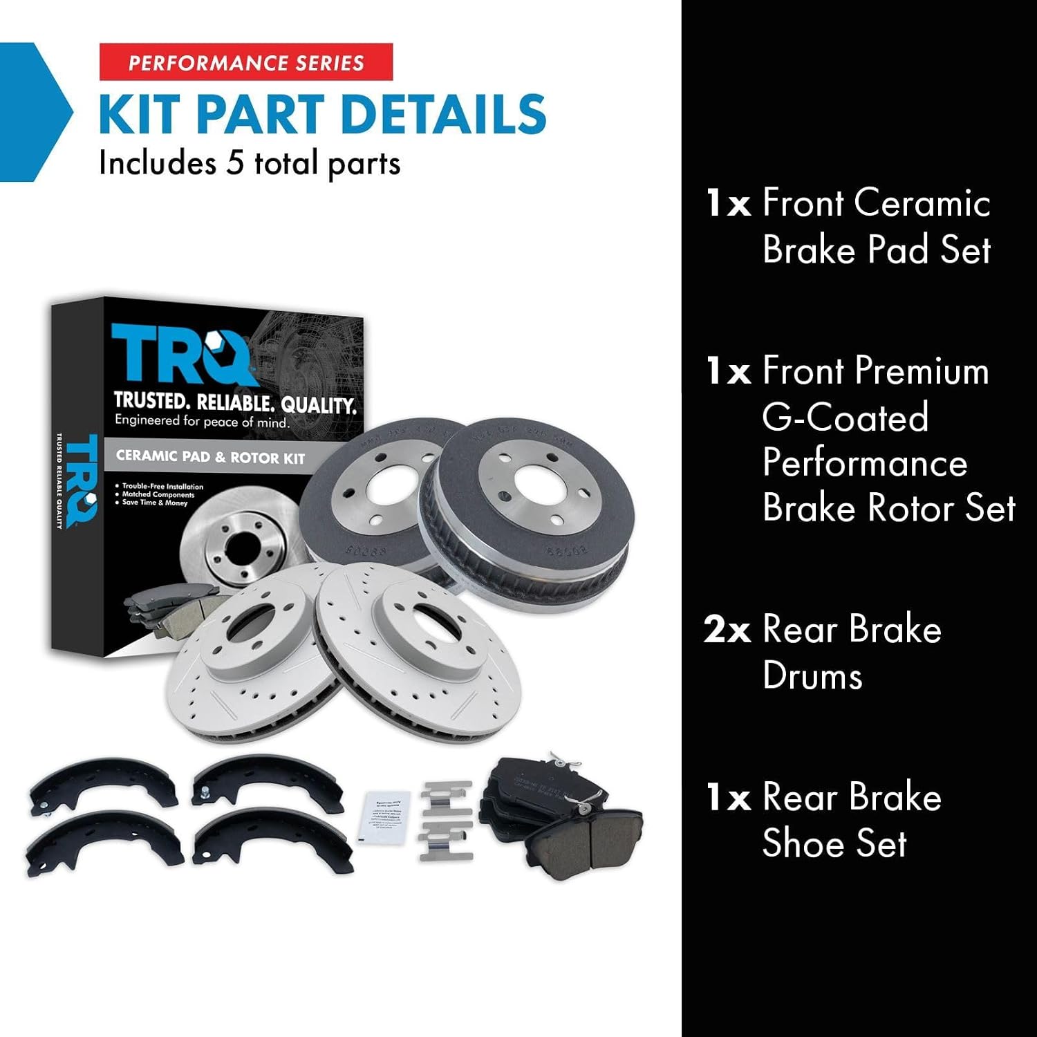 TRQ Front & Rear Ceramic Brake Pad Performance Rotor Shoes & Drum Kit Compatible with Ford
