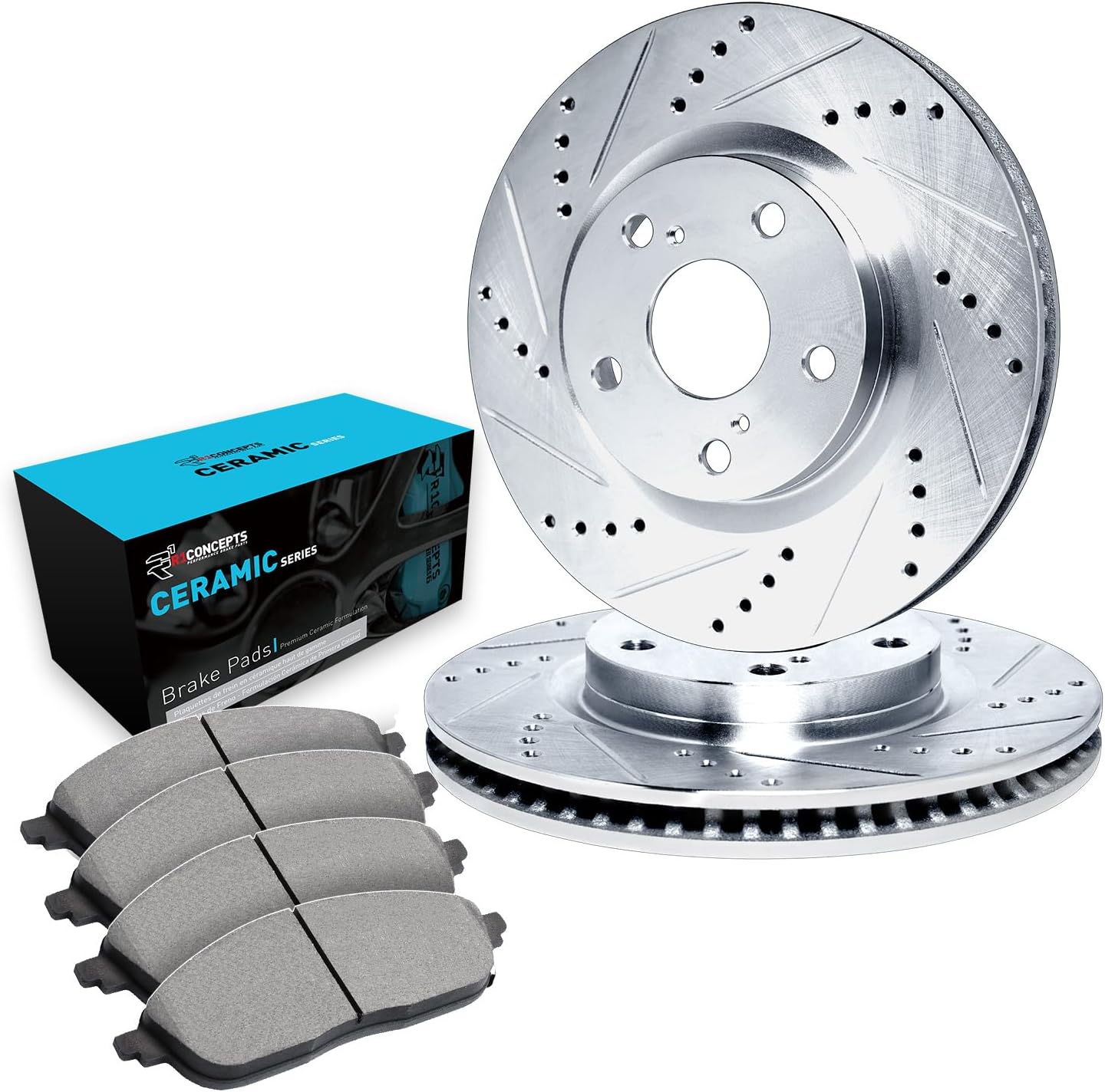 R1 Concepts Front Brake Kit Fits 2015-2023 Jeep Cherokee| Ceramic Brake Pads and Drilled Slotted Brake Rotors| 13.0' Front