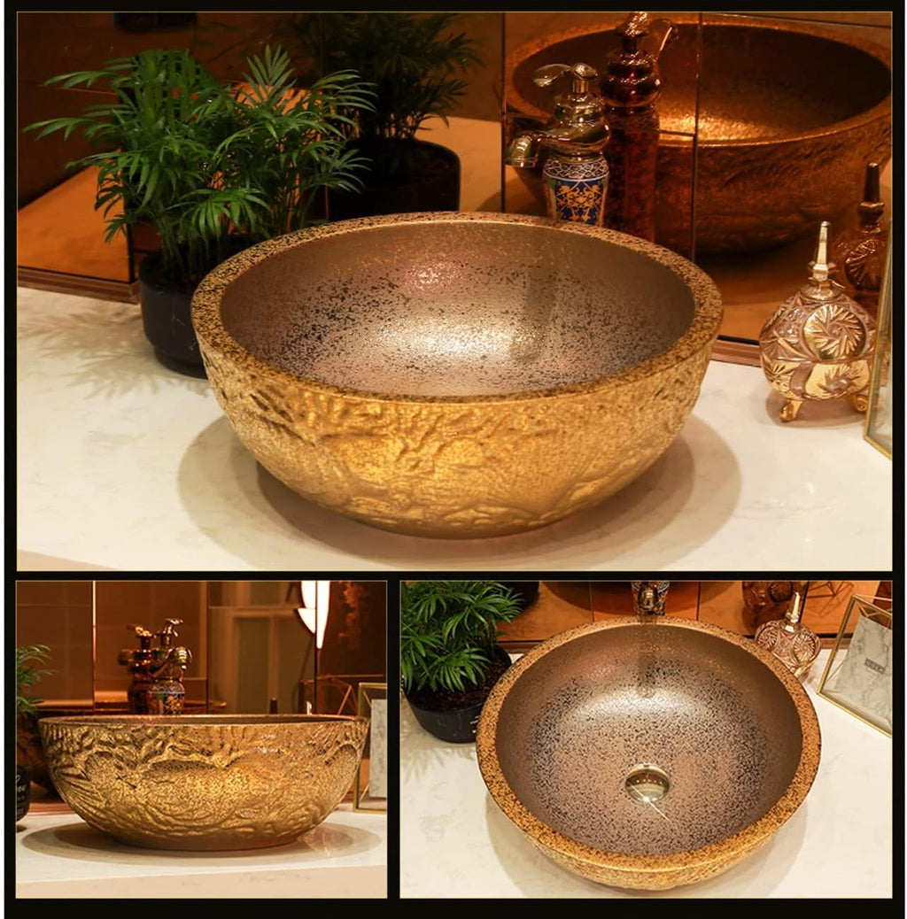 Round Vessel Sink,Modern Bathroom Artistic Porcelain Vessel Bowl with Faucet Pop-Up Drain,Gold-Silver