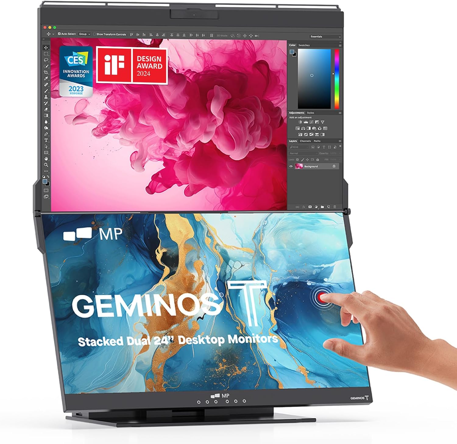 Mobile Pixels Geminos T (2 x 24 inch) Dual Stacked Computer Monitor with All-inclusive Workstation, 65W USB-C Charging Touchscreen, 1080P Webcam&Speakers, USB-A/USB-C/HDMI, Ergo Design (2 Monitors)