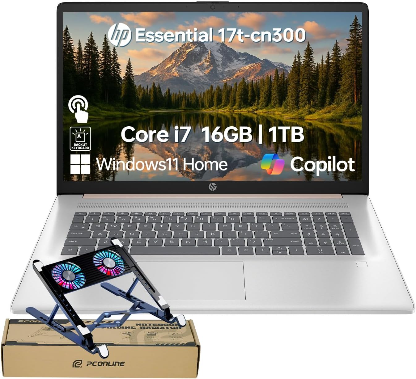 HP Essential 17 Laptop AI PC, 17.3' Touchscreen, Core i7-1355U (10 Cores, up to 5GHz Max Turbo), 16GB RAM, 1TB SSD, Backlit KB, FP Reader, Wi-Fi 6, Win11 Home, Rose Gold, Bundle with PCO Laptop Cooler