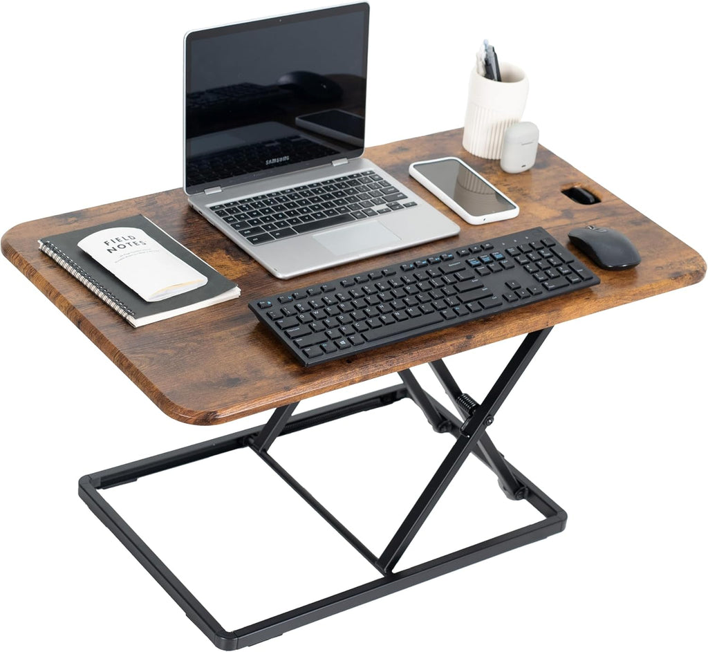 VIVO Ultra-Slim 32 Inch Single Top Height Adjustable Standing Desk Riser, Compact Sit Stand Desktop Converter for Monitor or Laptop, Vintage Brown, DESK-V032JN