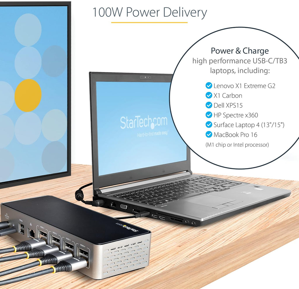 StarTech.com USB-C Quad Monitor Docking Station for MacBook Pro/Air M1 M2 M3 M4 & Windows, Universal 4K 60Hz HDMI DP Dock, Thunderbolt Compatible, 100W Laptop Charging