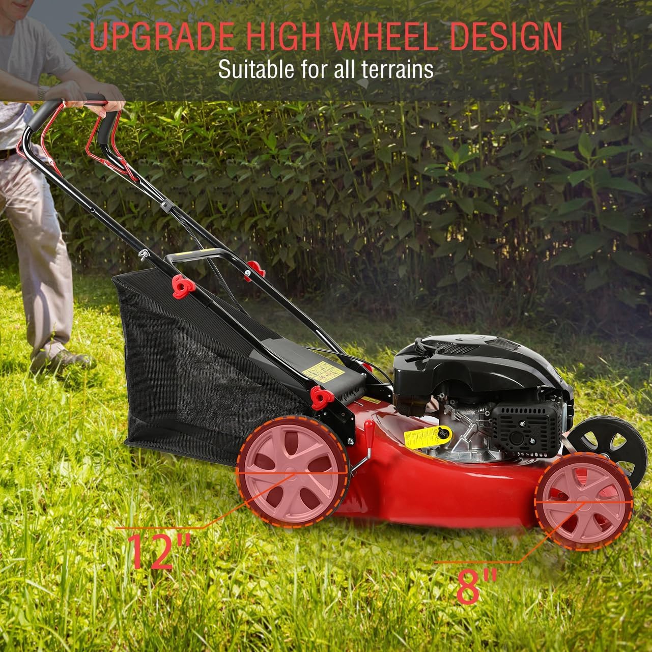 Gas Lawn Mower Self Propelled, 141cc Gas Push Mowers Walk-Behind with 20-inch Steel Deck, 8-Level Height Adjustment, 3-in-1 Mulch, Bag, Discharge, 12-inch High Rear Wheels Red