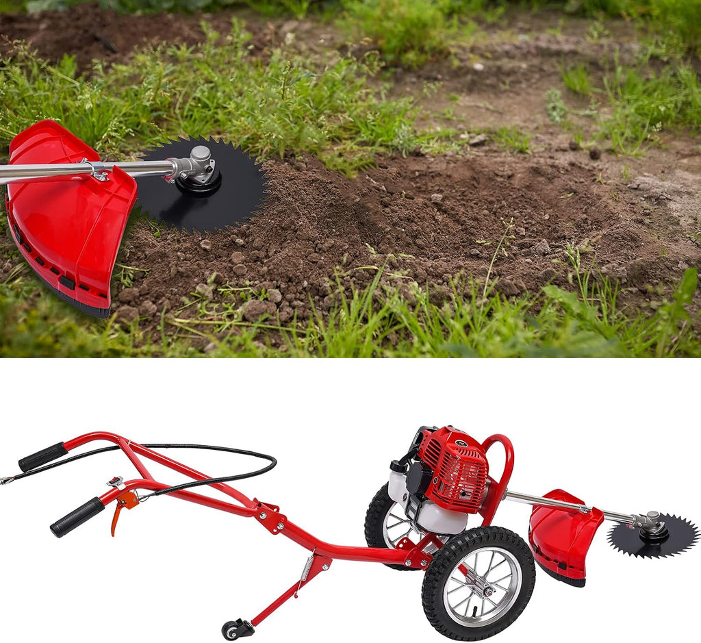 49CC Gas Powered Lawn Mower, 2 Stroke Hand Push Weed Wacker with Wheels, 1.8Kw 7000Rpm Behind Push Grass Trimmer, Brush Cutter for Lawn, Garden, Hills, Plains & Orchards