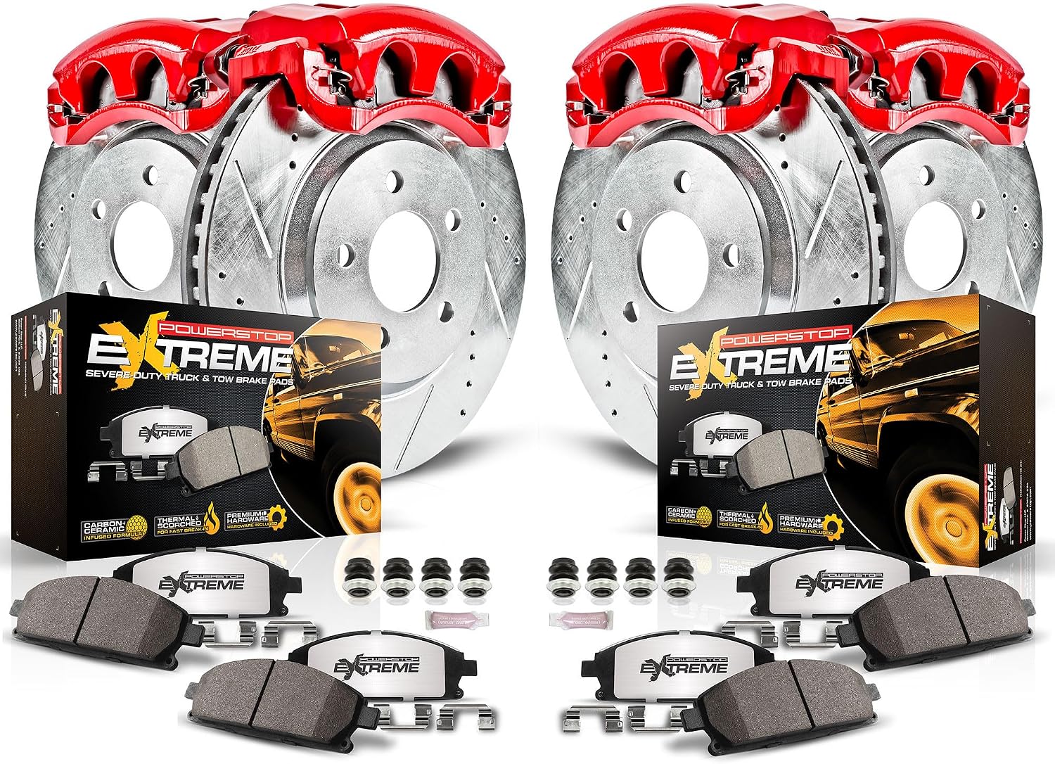PowerStop Front and Rear Brake & Caliper Kit for Dodge Ram 1500 2006-08 - Drilled & Slotted Disc Rotors + Z36 Brake Pads + Red-Powder Coated Calipers, KC2164-36