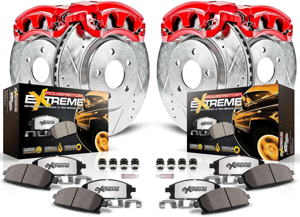 PowerStop Front and Rear Brake & Caliper Kit for Dodge Ram 1500 2003-05 - Drilled & Slotted Disc Rotors + Z36 Brake Pads + Red-Powder Coated Calipers, KC2168-36