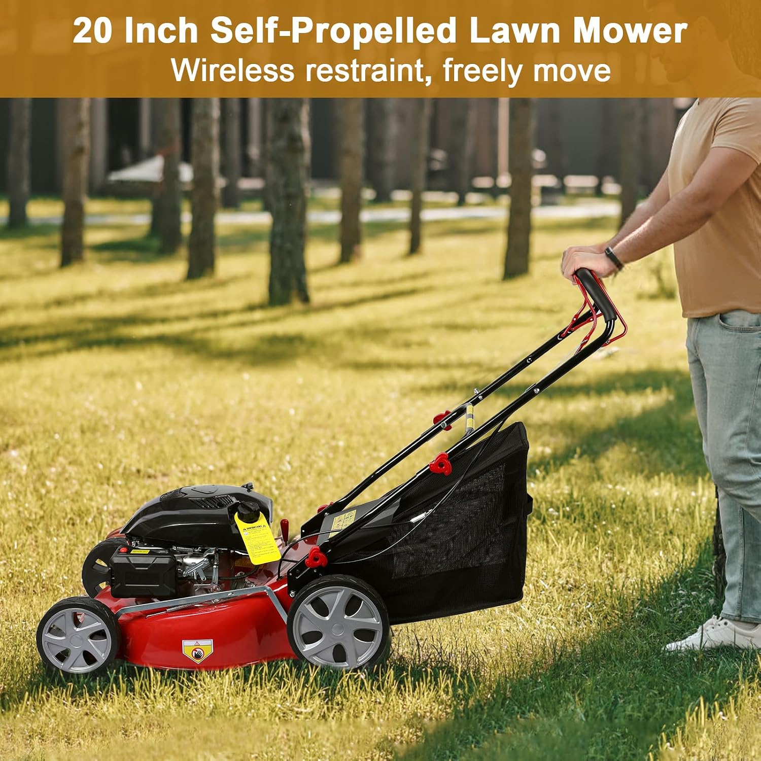 Self Propelled Gas Lawn Mower, 141CC 2850RPM 4-Stroke Gas Engine Weed Eater with 20' Blade, Walk-Behind Cordless Push Lawn Mowers Tractors with 50L Grass Tank