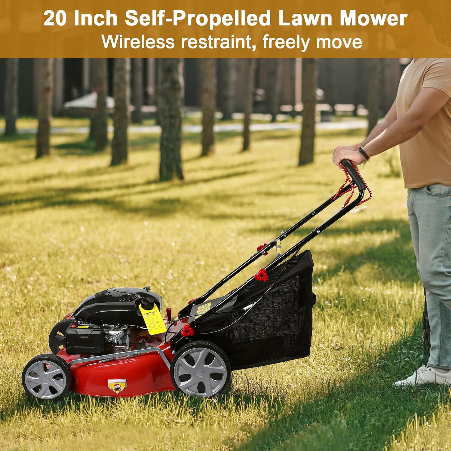 3 in 1 Gas Lawn Mower Self Propelled,141cc OHV Engine with Air Cooling,Push Lawn Mower with 50L Grass Tank,Big Wheels, 8-Level Height Adjustment, 20L Grass Catcher,Foldable Design(Red)