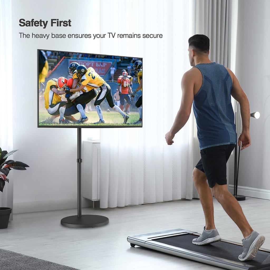 AVLT Single 17 to 43 Inch Portable Monitor Arm TV Rolling Stand with Heavy Base for Screens Up to 22 lbs, Mechanical Spring Height Adjustment, Screen Rotation, Mobile Low Profile Caster Wheel, Black