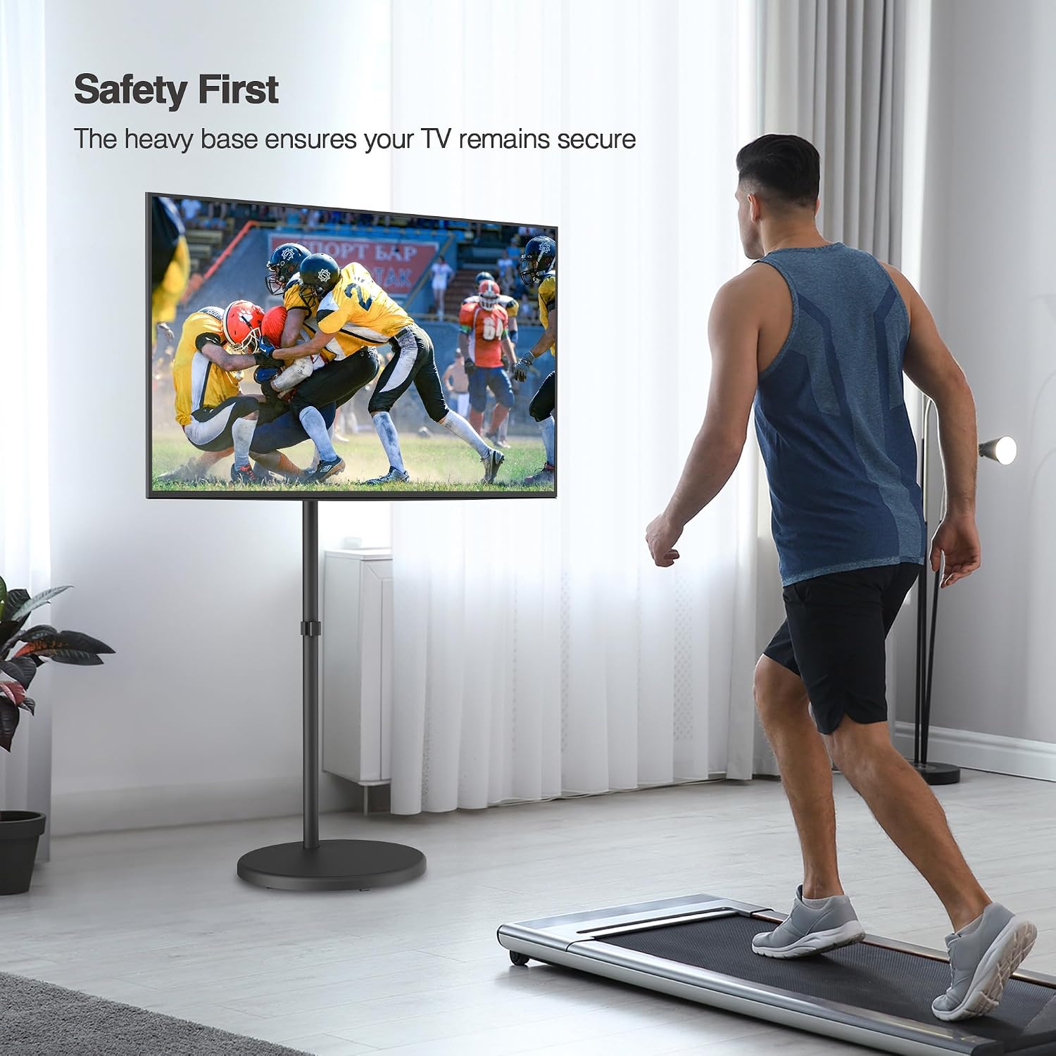 AVLT Single 17 to 43 Inch Portable Monitor Arm TV Rolling Stand with Heavy Base for Screens Up to 22 lbs, Mechanical Spring Height Adjustment, Screen Rotation, Mobile Low Profile Caster Wheel, Black