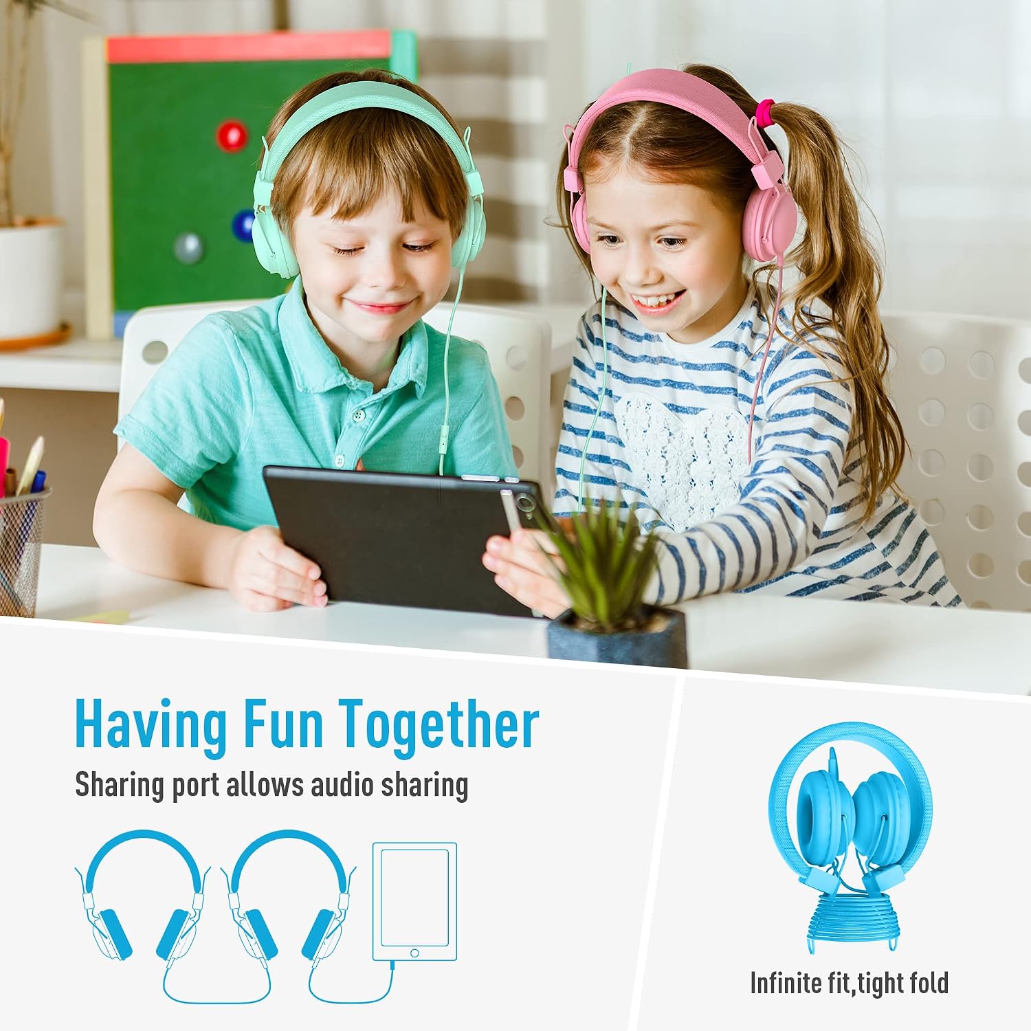 AILIHEN Classroom Headphones Kids 20-Pack for School Student K-5, On-Ear Premium Bulk Wired Headset with Mic, 85dB Volume Limited & SharePort, 3.5mm Jack for Chromebook, Computer, Laptop (Multicolor)