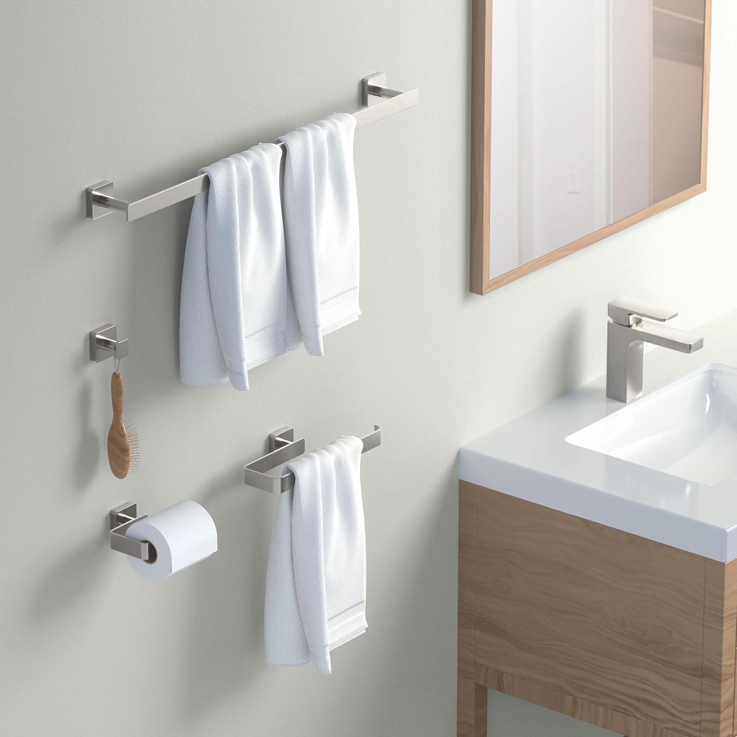 KIBI Blaze Bathroom Hardware Set 4 Piece Bathroom Accessories Set | Towel Bar (25'), Towel Holder, Toilet Paper Holders, Robe Hook (Brushed Nickel) (KBA16-4)