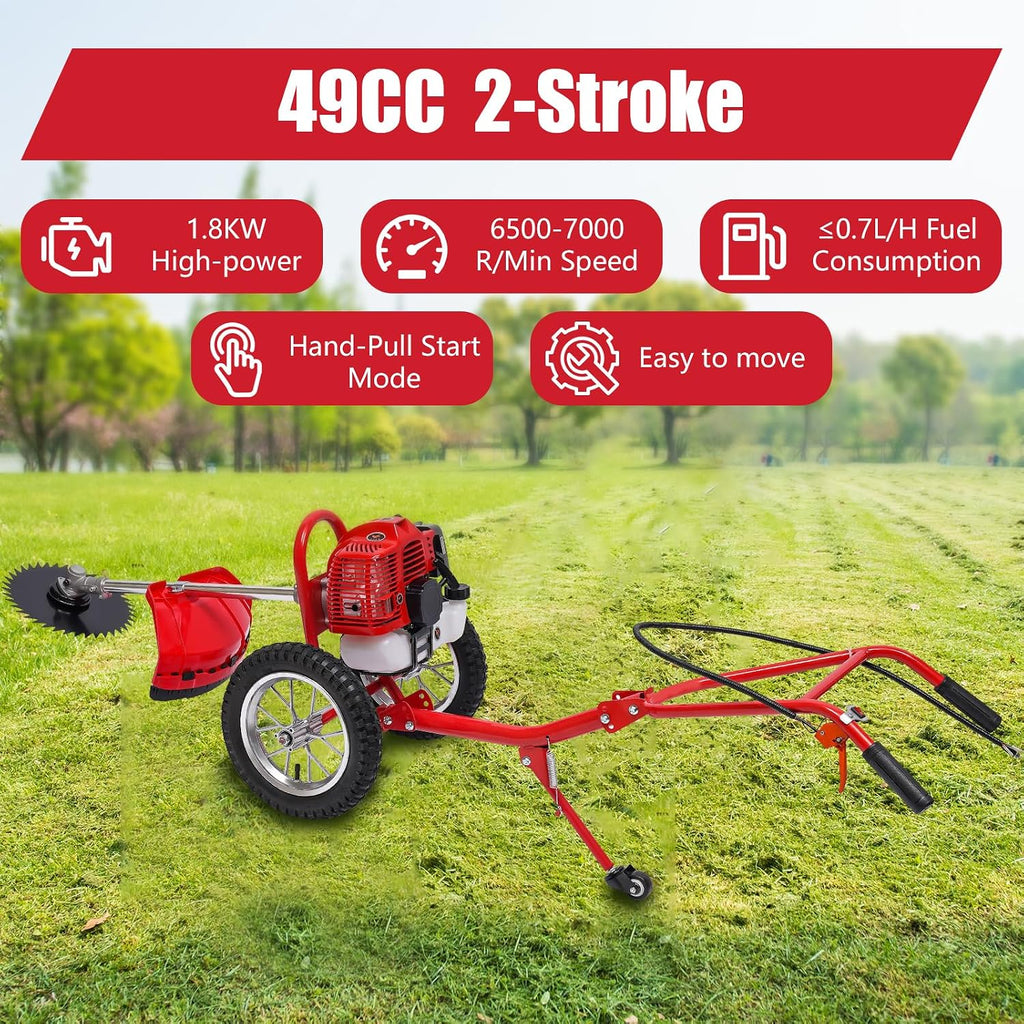 49CC Gas Lawn Mower,2-Stroke Push Lawn Mower 1.8KW 7000RPM Brush Cutter with 2 Loosening Blades Mowing & Loosening 2-in-1 Gas Mower with Air-Cooled System